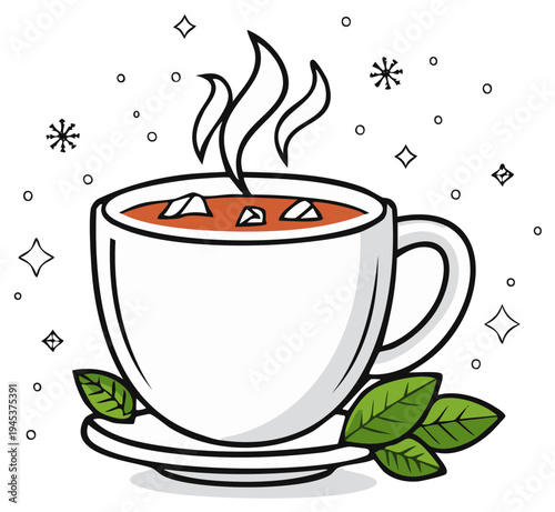 Steaming hot cup of tea with mint leaves and ice cubes, winter beverage concept