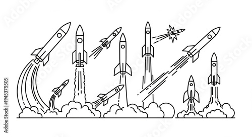 Collection of rockets launching into space with smoke trails.