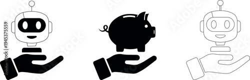 Set of outline and solid black icon representing artificial intelligence and financial savings with robot and piggy bank isolated on transparent background