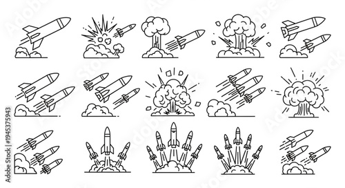 Collection of missile launch and explosion line art icons.