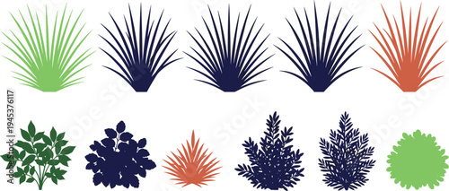 Collection of decorative garden plants silhouettes agave yucca shrubs foliage bushes vector set isolated botanical landscaping elements design for projects