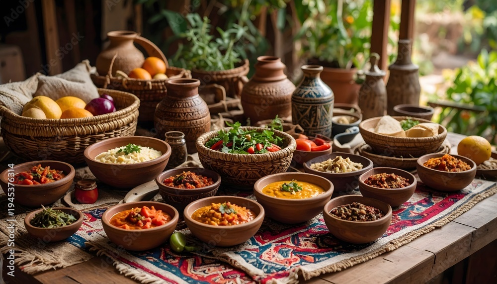 Fototapeta premium Rustic Table Displaying Various Dishes, Fruits, and Baskets with Natural Lighting and Warm Tones.