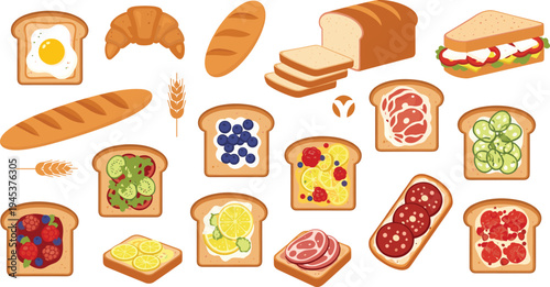 High Quality Illustration Set of Fresh Bakery Products Including Bread Loaves Croissants Sandwiches and Various Toasts with Toppings Isolated on White Background for Cafe