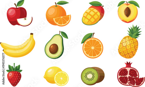 Colorful Vector Illustration Set of Fresh Fruits Including Apple Banana Mango Orange Strawberry Kiwi Pineapple and Pomegranate Isolated on White Background for Organic Food Design
