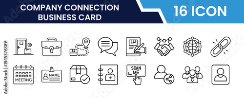 Outline Company Connection Business Card Icon Set in Line Art Style for Networking, Corporate Identity, Team, Contact, Profile, and Digital Interface Design