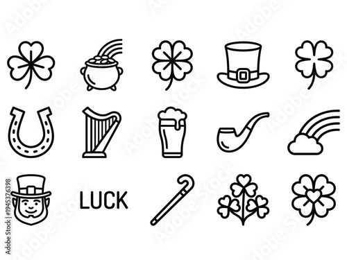 Set of 15 St. Patrick's Day Luck Icons Vector Collection with Clover, Pot of Gold, Leprechaun Hat, Harp, Beer, and Rainbow for Holiday Designs