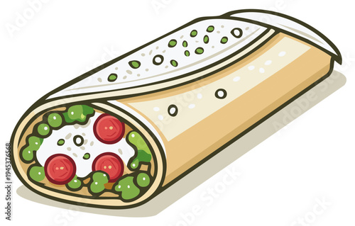 Cartoon burrito illustration, filled with fresh vegetables and toppings.