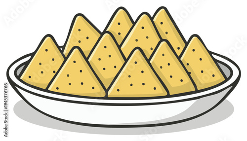 Bowl overflowing with crisp tortilla chips, snack, Mexican cuisine delight, vector illustration, cartoon style perfect for your menu