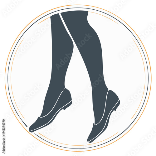 Silhouette of female legs wearing flats inside of a golden circle emblem