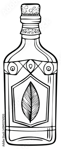 Outlined Glass Bottle with Leaf Illustration for Beverage or Liquid Products