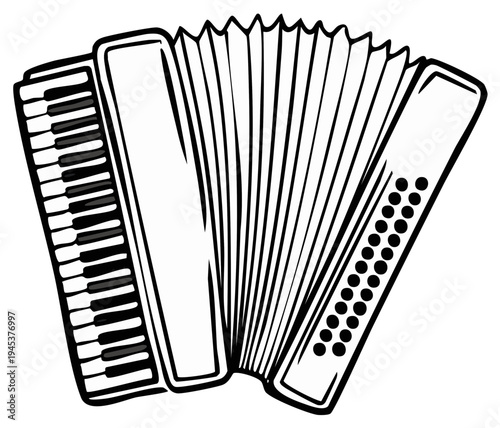 Accordion Illustration: Classic Musical Instrument with Keyboard and Bellows, Black and White Line Art for Music or Culture Theme