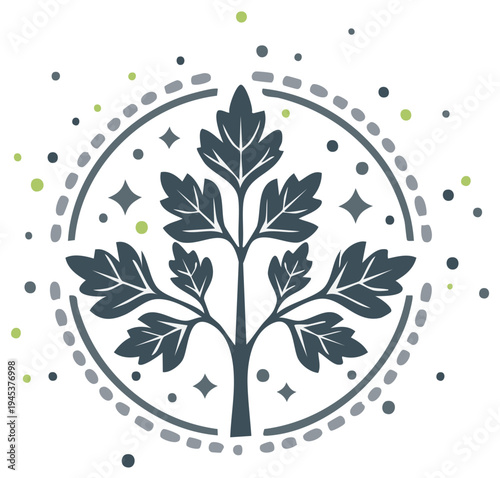 Abstract stylized parsley plant emblem with decorative elements and sparkles inside a circle