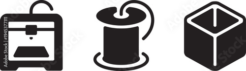 3D printer and filament spool icon set vector illustration for manufacturing concept