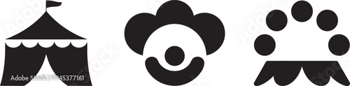 Circus entertainment symbols including big top tent clown face and acrobatic ring performance