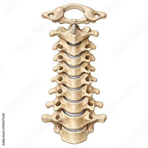 Anatomical illustration of human cervical spine and vertebrae column isolated on white background, medical health care science
