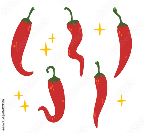 Red chili pepper vector set in hand-drawn doodle style. Spicy hot capsicum elements for mexican food menu, kitchen textile and packaging design. Minimalist cartoon icons with sparkles isolated