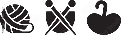 Knitting and crochet supply icons including ball of yarn needles and handmade clothing garment