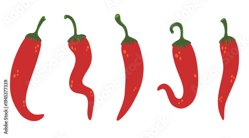 Chili pepper vector set with red spicy vegetables in hand-drawn doodle style. Minimalist cartoon hot capsicum elements for mexican food menu, kitchen textile and organic packaging design isolated