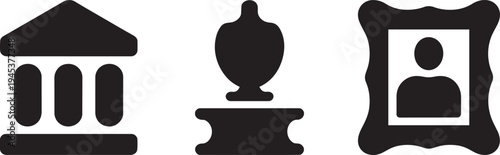 Museum and art gallery icons depicting neoclassical building ancient vase and framed portrait