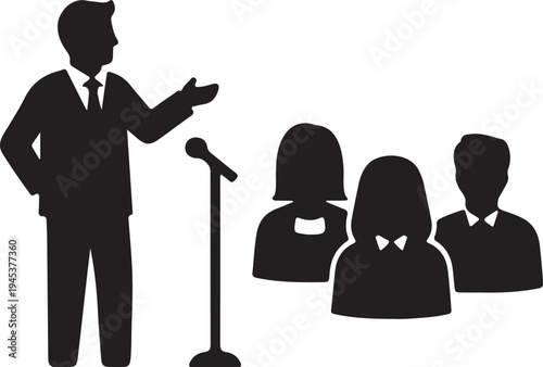 Business professional addressing an attentive audience during a presentation silhouette vector icon