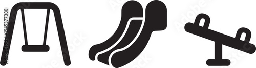 Playground equipment icons showing classic swing set curved slide and seesaw balancing board