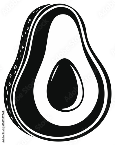 Stylized graphic illustration of a halved avocado revealing its pit and creamy flesh