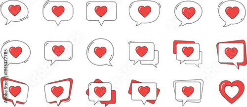 Red heart speech bubble icons set for social media like notifications and love chat symbols isolated on white background for romantic digital communication design.