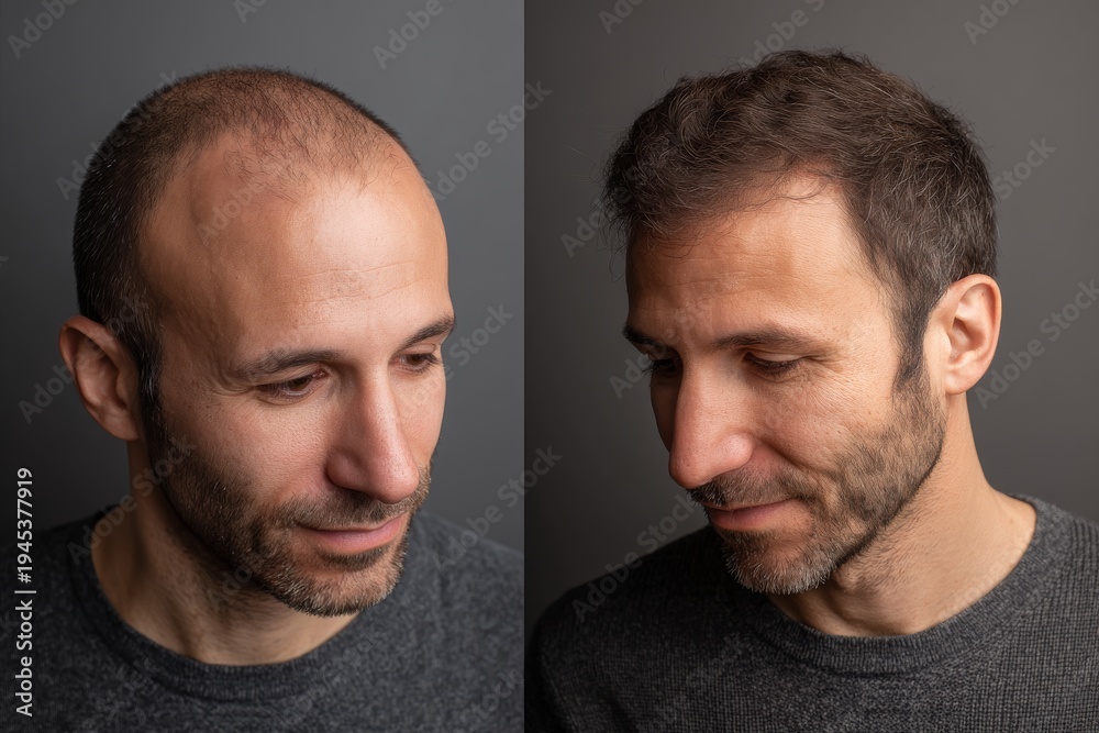 Fototapeta premium Hair restoration before and after result comparison for man with thinning hair