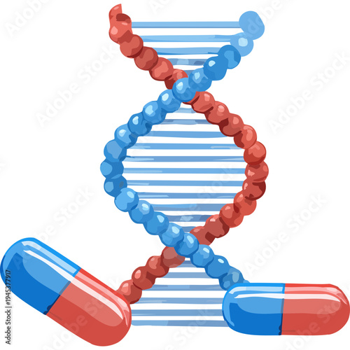DNA helix made of red and blue pharmaceutical capsules representing genetic engineering medical research and drug development
