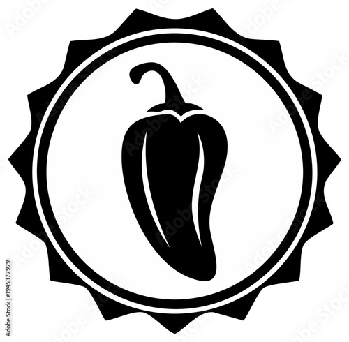Chili pepper illustration within a starburst badge design.