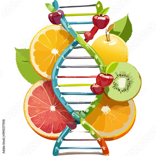 Conceptual DNA helix made of various fruits representing nutrition science healthy diet and genetics