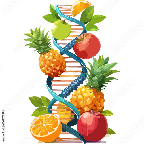 Conceptual DNA helix made of various fruits representing nutrition science healthy diet and genetics