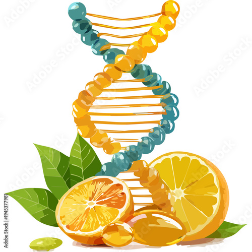 Conceptual DNA helix made of various fruits representing nutrition science healthy diet and genetics
