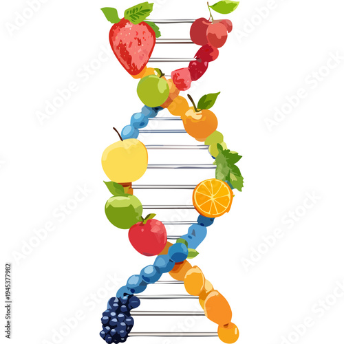 Conceptual DNA helix made of various fruits representing nutrition science healthy diet and genetics