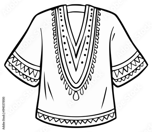Black and white illustration of a decorated ethnic tunic