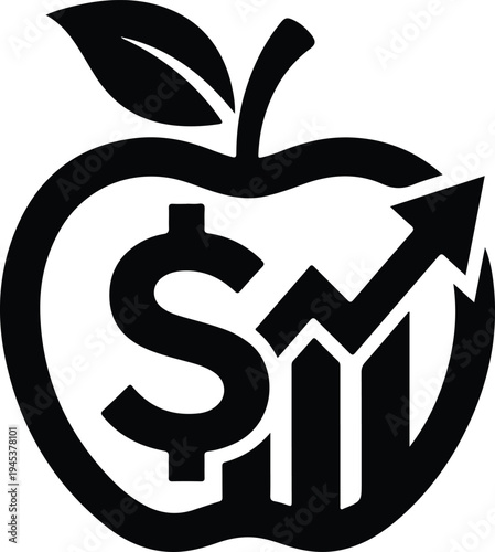 Apple Dollar Growth Arrow Financial Investment Icon, Minimal black icon of apple with dollar sign and upward chart arrow, symbolizing financial growth, investment returns, healthy profits, and economi