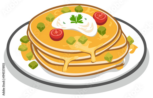 Delicious Stack of Enchiladas Topped with Sour Cream, Tomatoes and Avocado