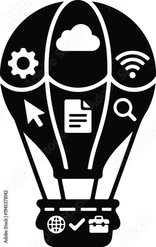 Hot Air Balloon Digital Services Technology Icon, Black vector icon of hot air balloon containing cloud, gear, wifi, document, search and cursor symbols representing online technology services and clo