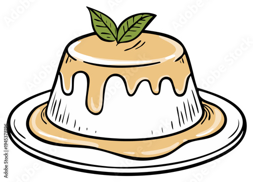 Delicious dessert panna cotta with caramel sauce and mint leaves on a white plate