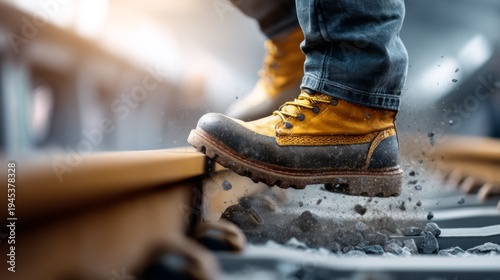 Wallpaper Mural Person Stepping Across a Narrow Rail Wearing Work Boots at Construction Site Torontodigital.ca