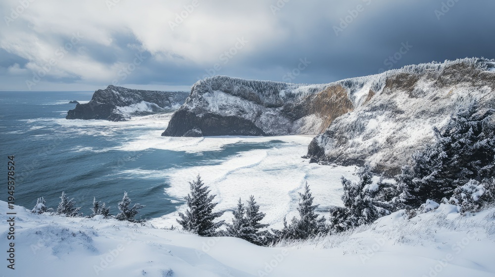 Fototapeta premium A snowy cliffside overlooking a rugged ocean on a cloudy winter day