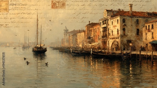 Venice grand canal painting with historic architecture, gondolas and sailboats on shimmering morning water, vintage postcard texture with script and stamp accents