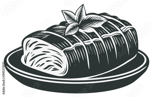 Elegant roasted meat platter art with crosshatch shading and aromatic herb garnish for gourmet dining and classic food illustration