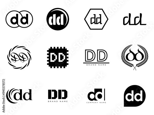 DD logo company template. Letter d and d logotype. Set different classic serif lettering and modern bold text with design elements. Initial font typography.