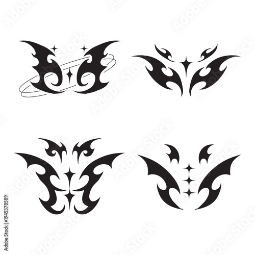Neo tribal shapes. Y2K symmetrical elements. Tribal tattoo, various decorative.
