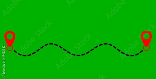 Animated route black line connecting two red location pin icons. Route between two points navigation, journey, travel
