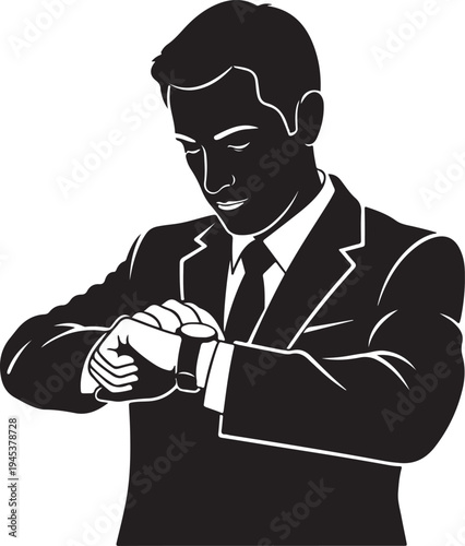 Business professional checking his wristwatch attentively for punctuality silhouette vector icon