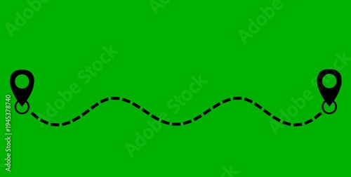 Animated route black line connecting two black location pin icons. Route between two points navigation, journey, travel