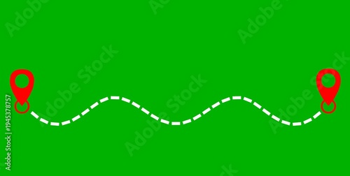 Animated route white line connecting two red location pin icons. Route between two points navigation, journey, travel