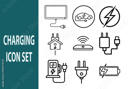 Charging Icon Set Line Style – Electric Charger, Battery, Plug, Wireless Charging and EV Charging Vector Icons Collection